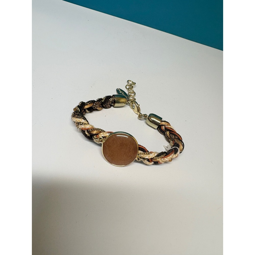 Laura‎ Janelle Braided Cord Bracelet Gold Brown Cream Cabochon Adjustable Boho
